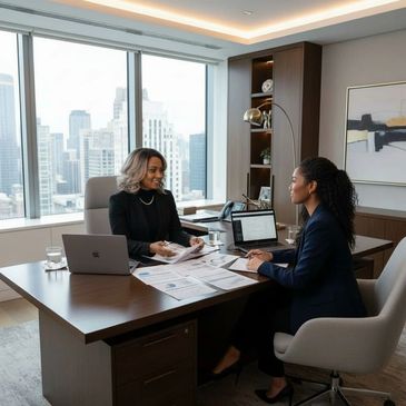 Two professional women discussing documents in a modern office with city views.
