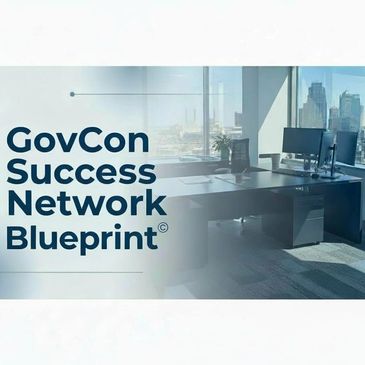 Modern office with city view and GovCon Success Network Blueprint text.