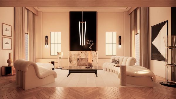 Iconic living room interior with white marble fireplace, modular sofas, and wood ceiling.