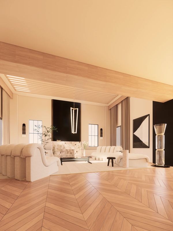 Modern luxury living room: modular ribbed sofas, marble fireplace, and chevron parquet. Contemporary