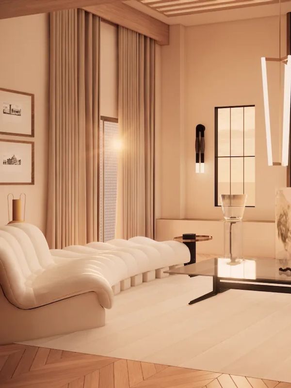 Side view of a modern living room with natural sunlight filtering through windows, highlighting the