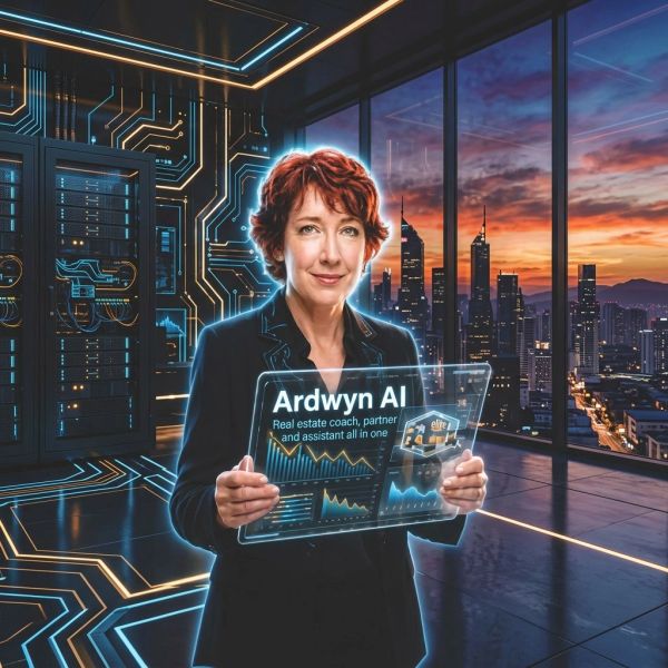 Woman showcasing futuristic AI technology for real estate.