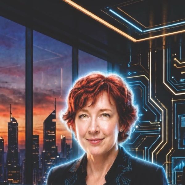 Confident woman with red hair in futuristic setting.