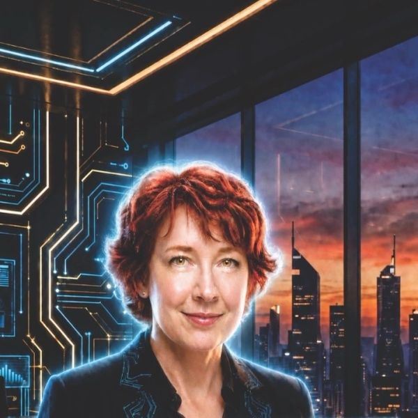 Woman with red hair glowing against a futuristic cityscape.