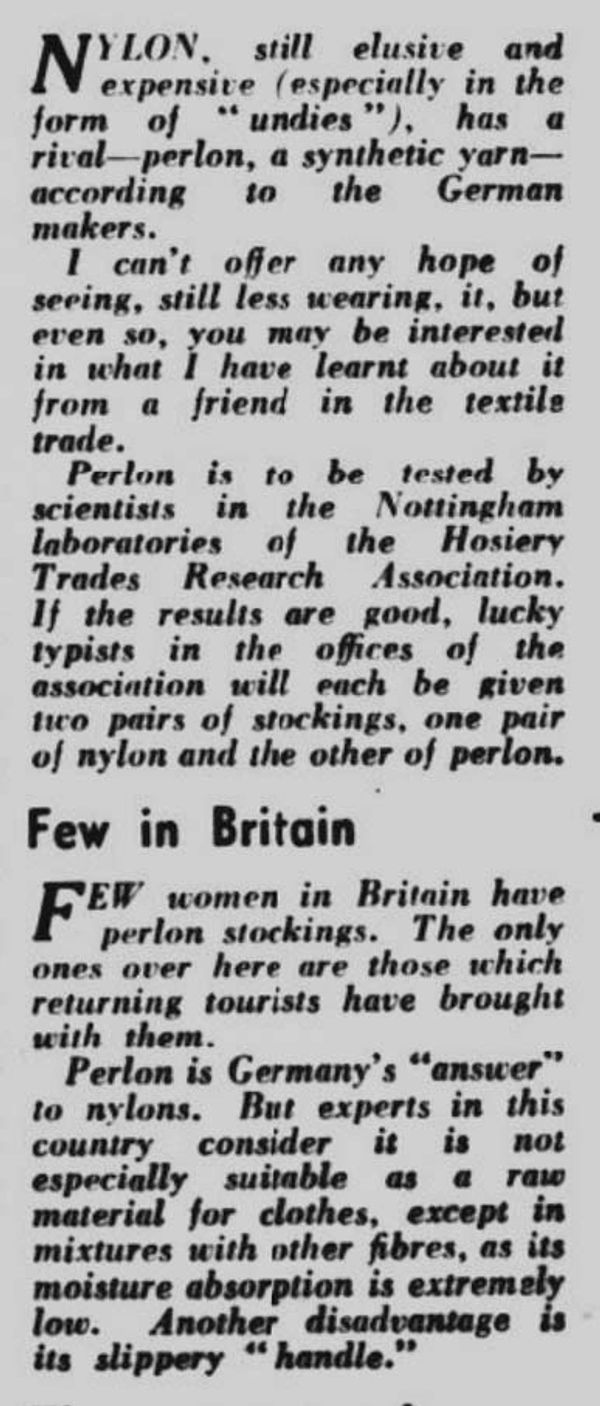 This 1950 article about Perlon fabric coming to Britain from Germany.