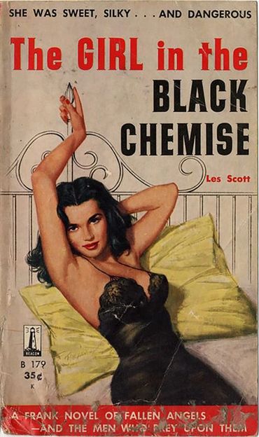 girl in 1950s silky black nylon slip