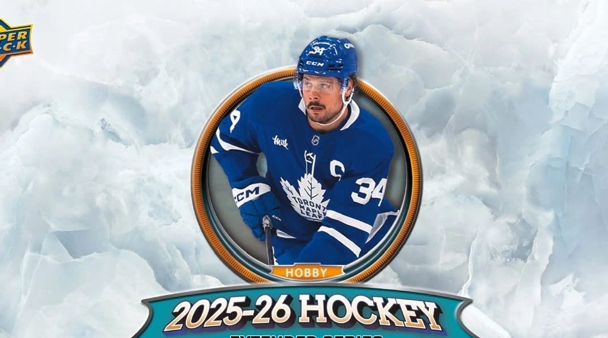 Hockey player in blue Toronto Maple Leafs jersey on 2025-26 hockey trading card.