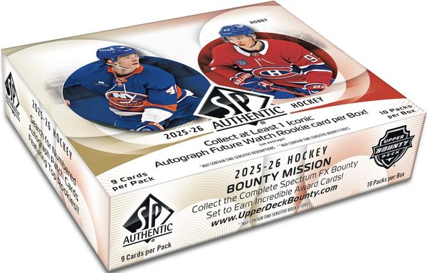 2025-26 SP Authentic Hockey Bounty Mission card box featuring iconic players.