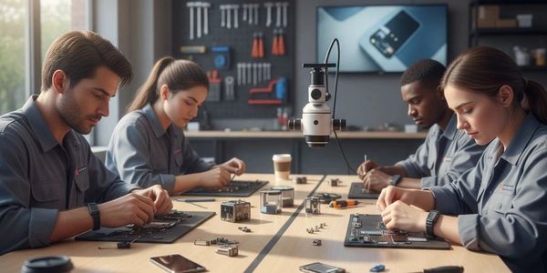 Four technicians assembling electronic devices at a workbench in a modern lab.