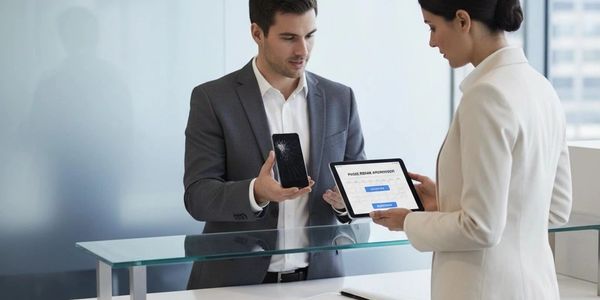 Man and woman using devices to approve a pulse signal at a glass desk.