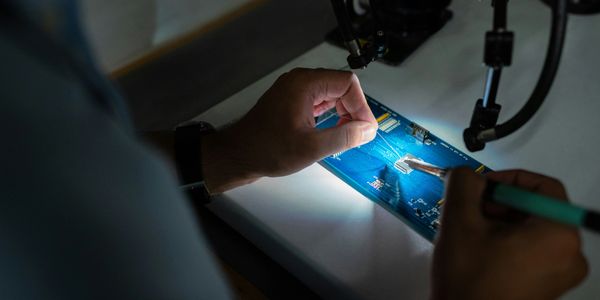 Person repairing an electronic circuit board with a soldering tool under bright light.
