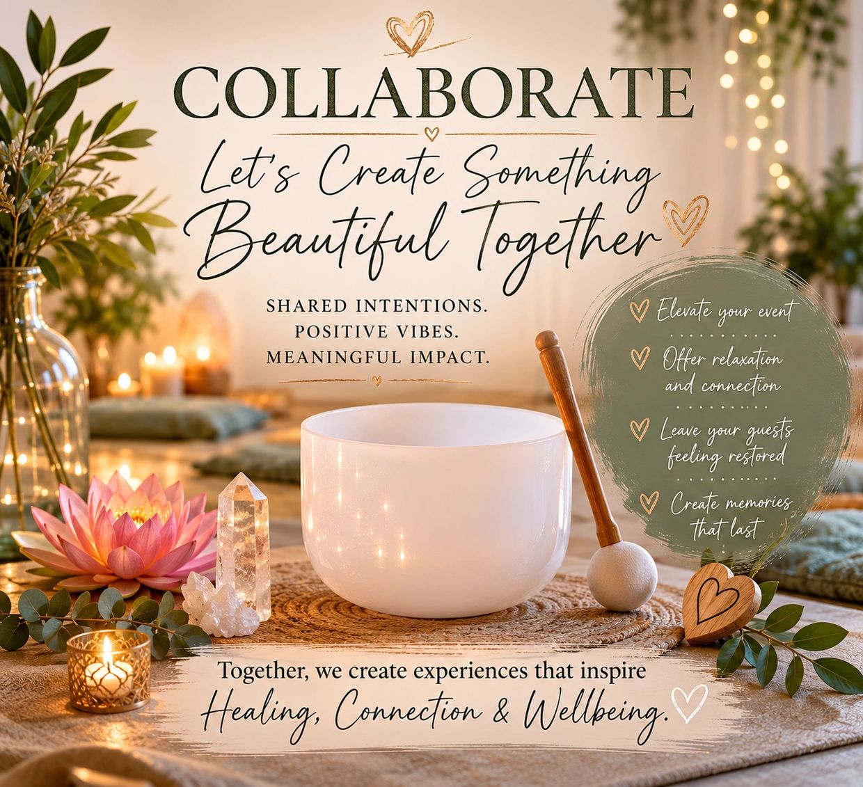 Serene space with candles, crystals, and a singing bowl promoting collaboration and healing.