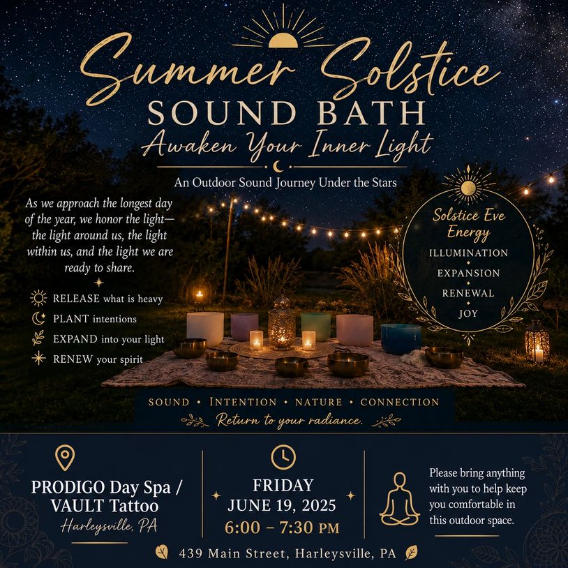 Outdoor Summer Solstice sound bath event under stars to awaken inner light.