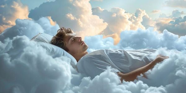 A man lying peacefully on clouds as if sleeping in the sky.