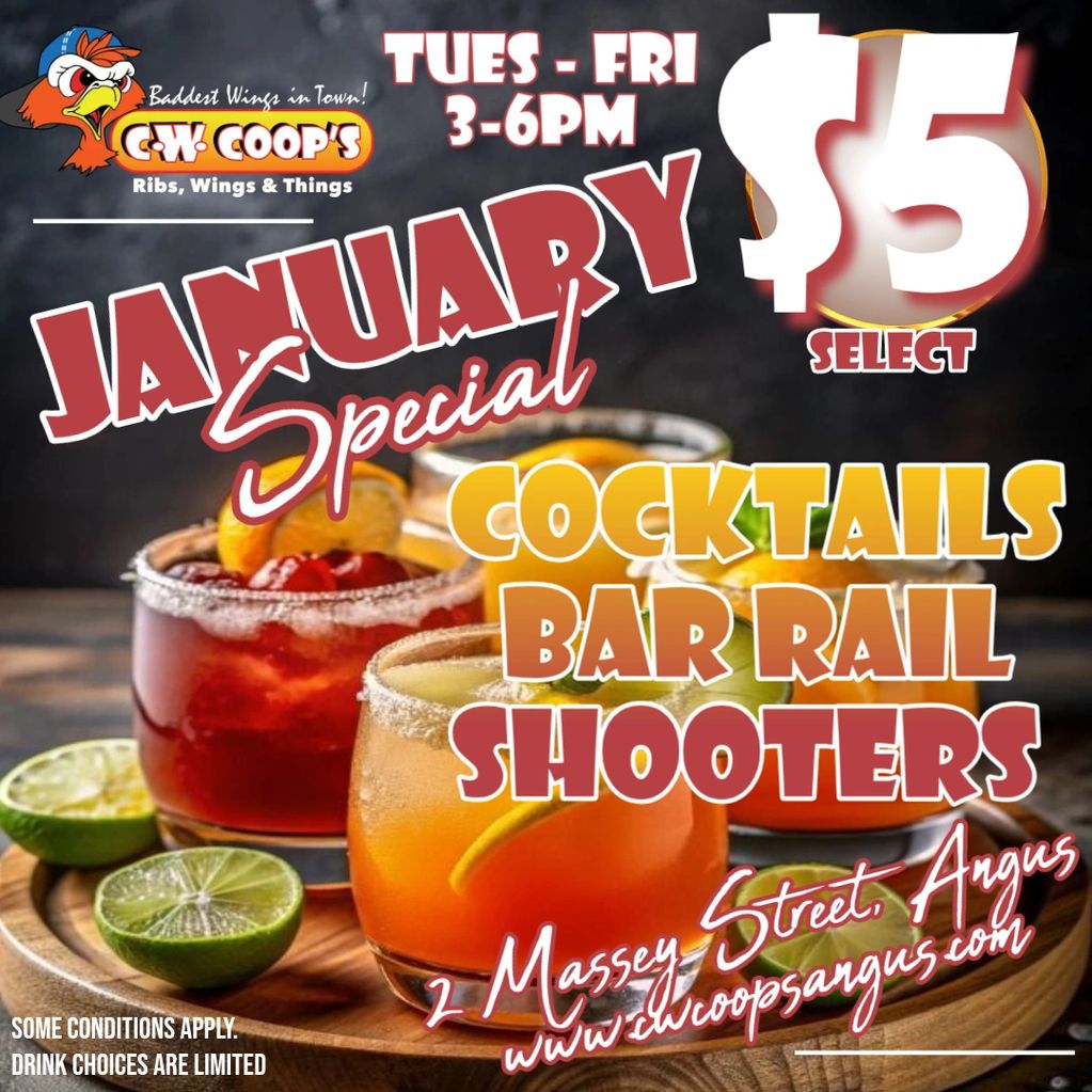 January Special Tues–Fri 3–6 PM. happy hour Angus, $5 drinks Angus, bar rail, shooters, cocktails