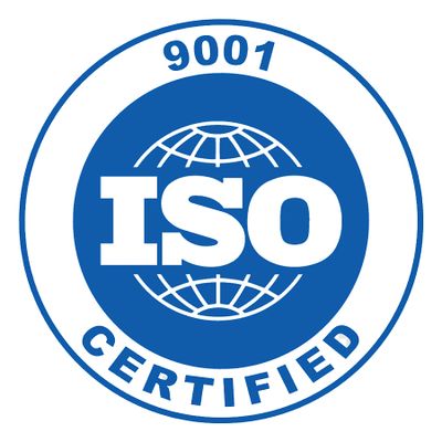 ISO 9001 certified blue and white logo with a globe design.
