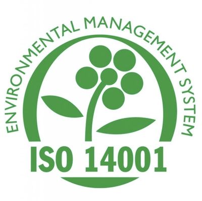 Green ISO 14001 Environmental Management System logo with leaf and circle design.