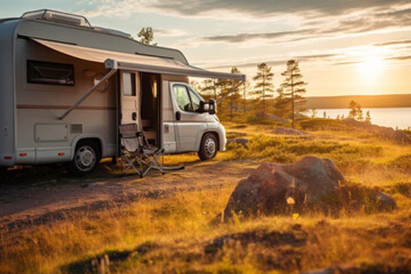 RV parked by a lakeside at sunset with chairs outside.