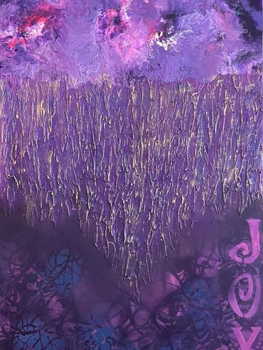 Abstract purple and pink textured painting with the word 'JOY'.