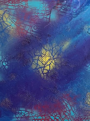 Abstract textured painting with blue, yellow, and purple hues and geometric patterns.