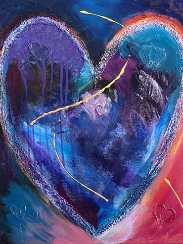 Abstract heart painting with vibrant blue, purple, and pink hues accented by gold flowing lines.