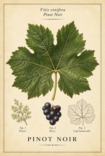 Illustration of Pinot Noir leaf, flower, and berry.