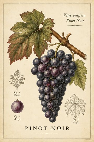 Illustration of Pinot Noir grapes and leaves.