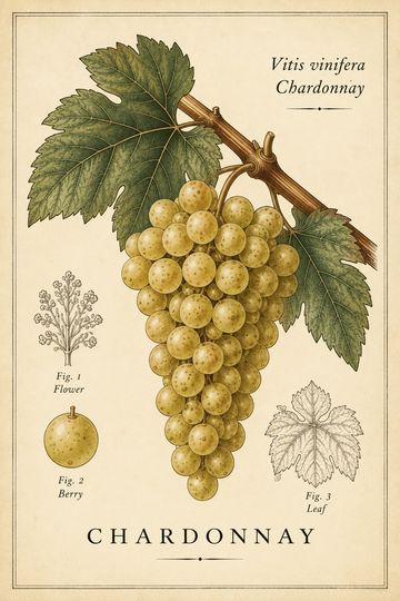 Illustration of Chardonnay grapes, leaves, and flower.