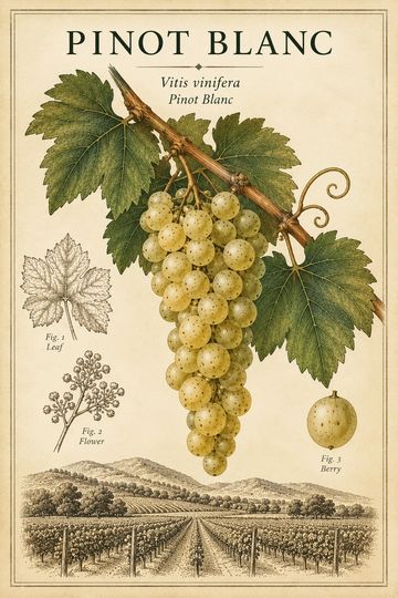 Detailed botanical illustration of Pinot Blanc grapes and vineyard