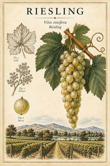 Illustration of Riesling grapevine components and vineyard.