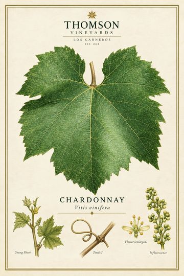 Botanical illustration of a Chardonnay grapevine leaf and parts.