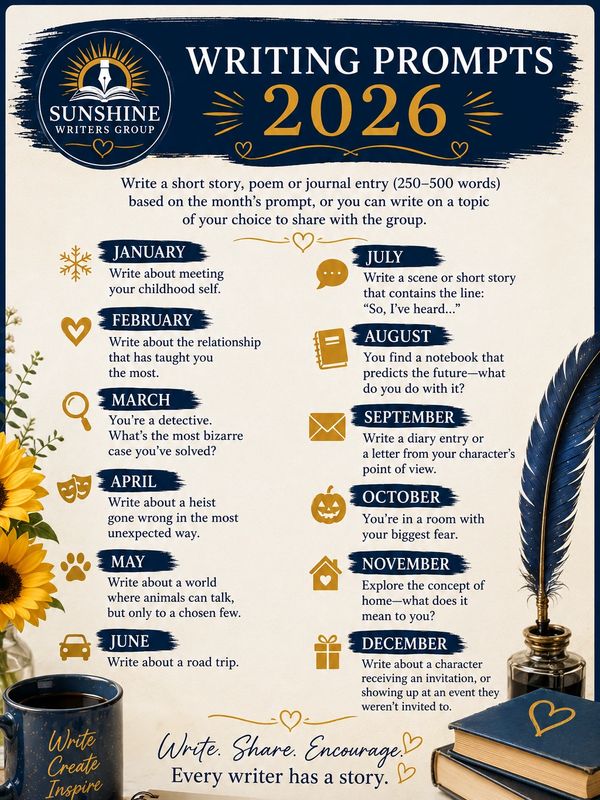 2026 writing prompts by Sunshine Writers Group with monthly creative themes.