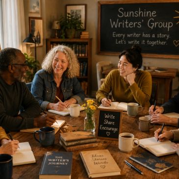 A warm, friendly writing group sharing ideas and encouragement around a wooden table.