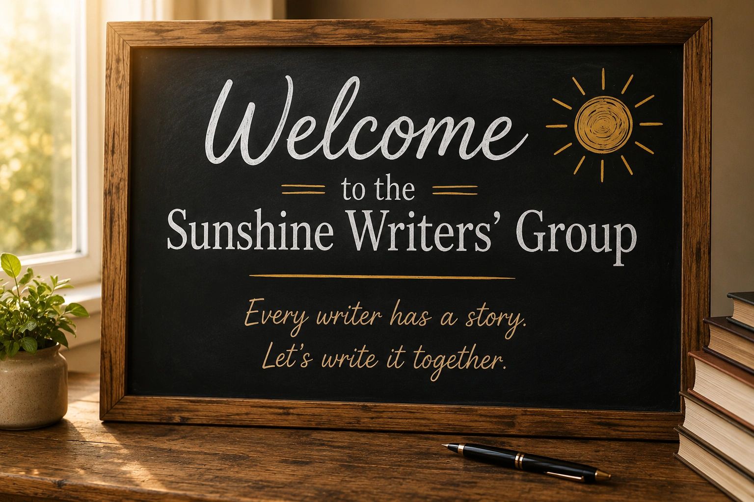 Chalkboard sign welcoming to Sunshine Writers' Group with a sunny design.