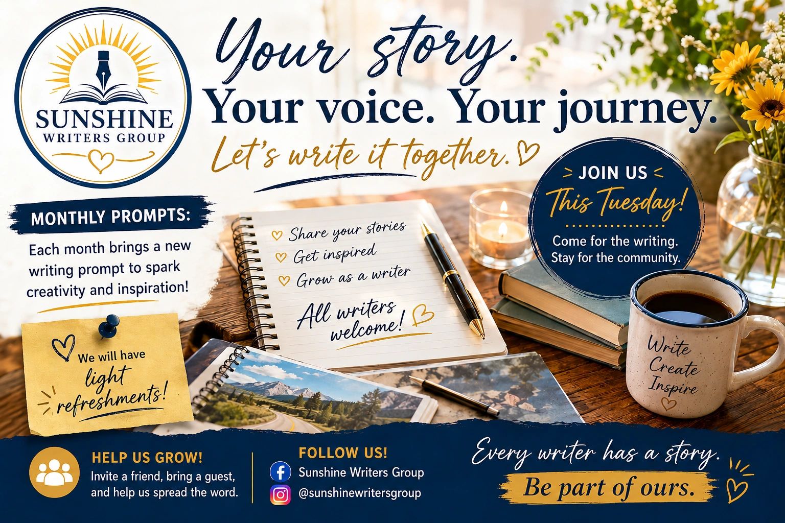 Sunshine Writers Group invites writers to join monthly prompts and community gatherings with light refreshments.