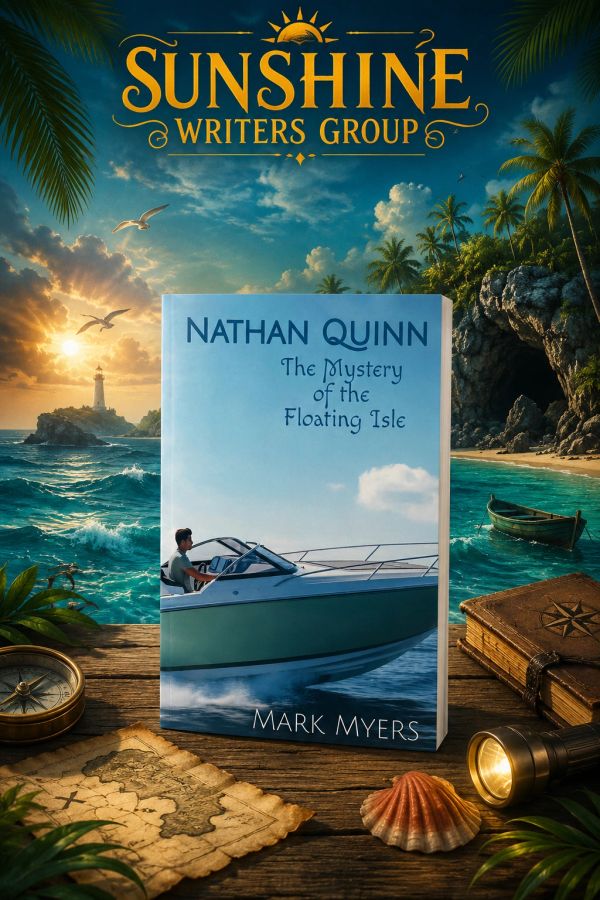 A tropical island scene with a boat book cover, compass, map, and sunset.