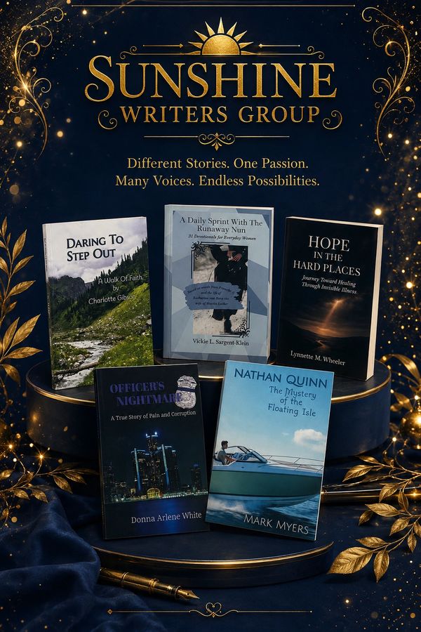 Sunshine Writers Group showcasing diverse books under the theme of passion and possibilities.
