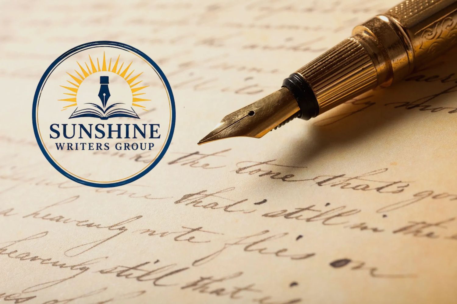 Close-up of a vintage fountain pen on handwritten paper with Sunshine Writers Group logo.