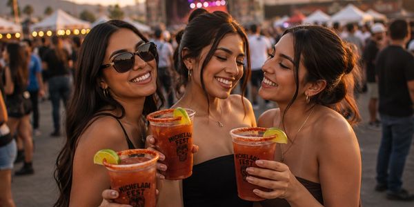 Three women enjoying drinks and smiling at an outdoor festival.