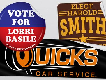 Mockup of stickers that promote Vote for Lorri Basile, Elect Harold Smith, and Quicks Car Service
