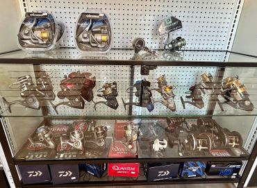 Display case with fishing reels on three shelves.