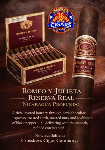 Box of Romeo y Julieta Reserva Real cigars with a detailed close-up of a single cigar.