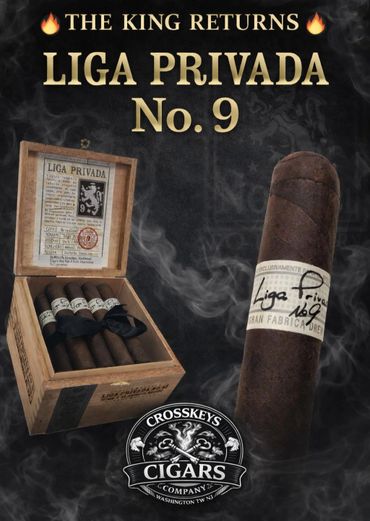 Premium Liga Privada No. 9 cigars by Crosskeys Cigars Company with smoke effect.
