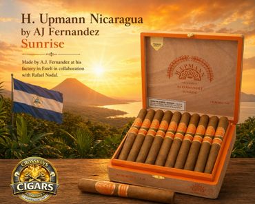 Box of H. Upmann Nicaragua Sunrise cigars with a sunrise background and Nicaraguan flag.