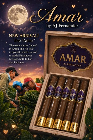 Amar cigars by AJ Fernandez, symbolizing moon and love with Cuban and Lebanese heritage.