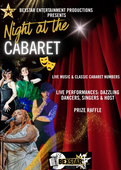 Poster for Night at the Cabaret with live music and performances.