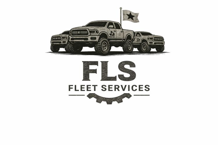 Logo of FLS Fleet Services with three rugged trucks and a flag.