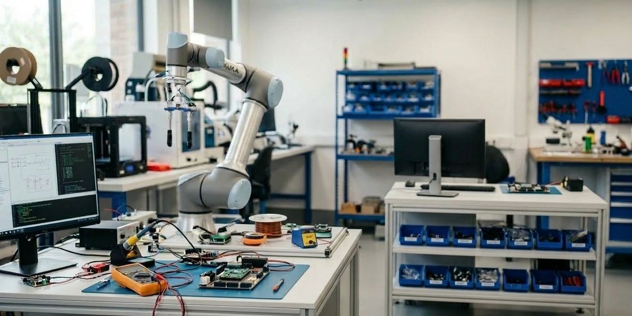 A robotic arm working on electronic components in a modern lab.