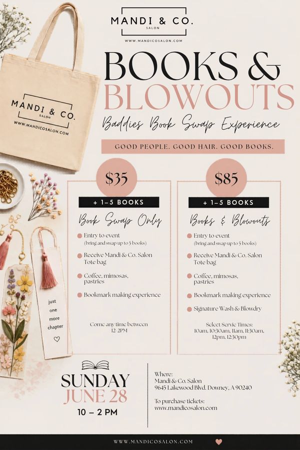 Event poster for Mandi & Co. Salon's Books & Blowouts book swap and hair event on June 28.