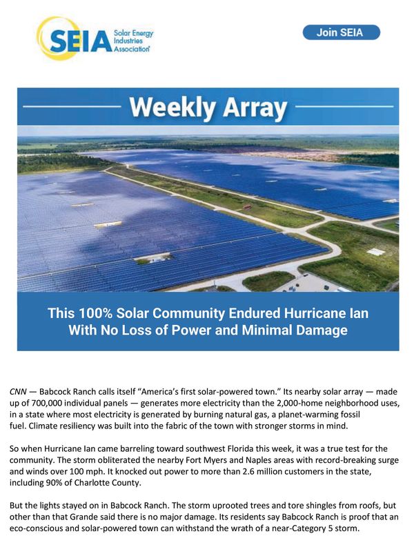 Babcock Ranch in Florida recognized as America's first solar powered town. Endured major hurricane.